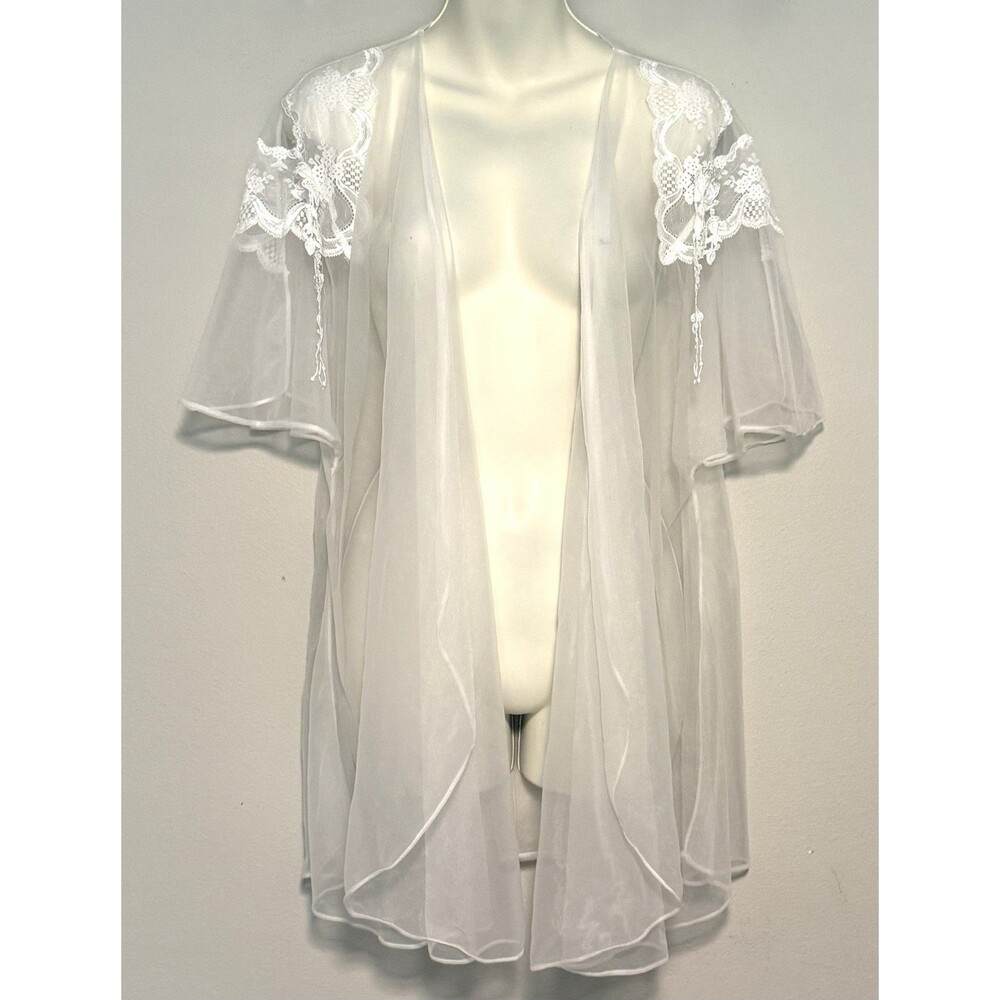 Vintage Cinema Etoile Chiffon Dressing Gown Sz M Sheer White Lace Bridal Robe